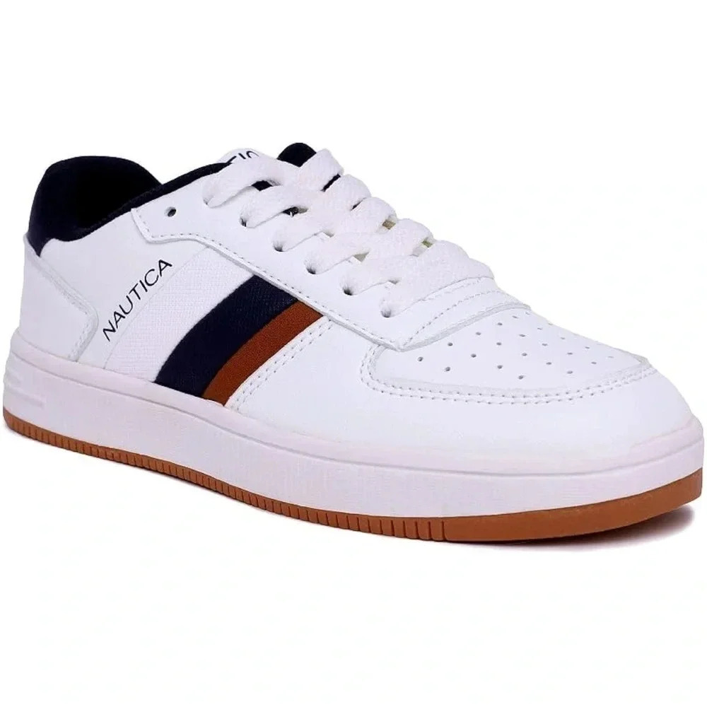 Boys Nautica White Faux Leather Lace Up Low Top Fashion Casual Sneakers Size 5